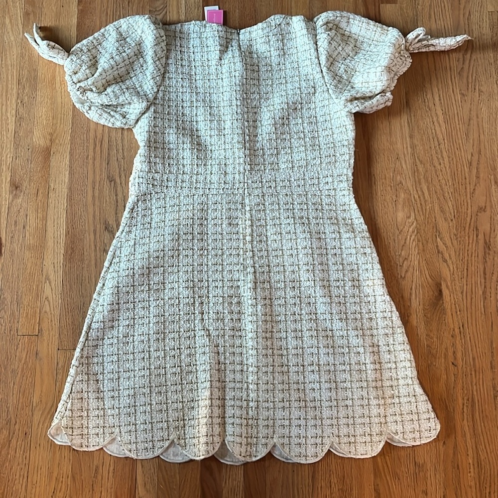 Ivory and Gold A-Line Dress with Puffy Tie Sleeve - Picture 3 of 4